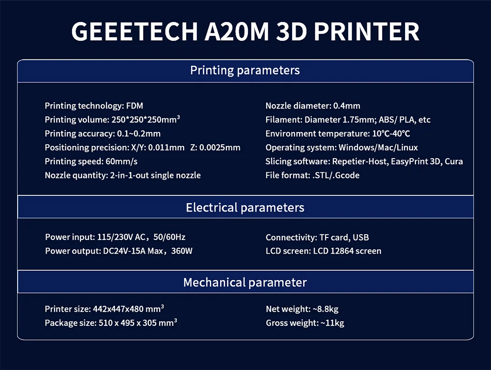 3D PRINT SHOP GEEETECH A20M 3D Printer 2 in 1 Mix-Color Printing Integrated Building Base & Dual extruder Design and Filament Detector